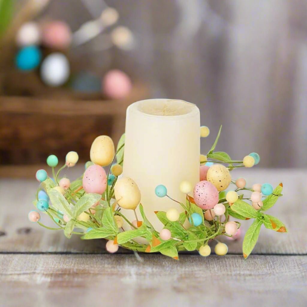 Farmhouse Spring Easter 3.5in Pastel Eggs with Willow Leaves Candle Ring - The Primitive Pineapple Collection