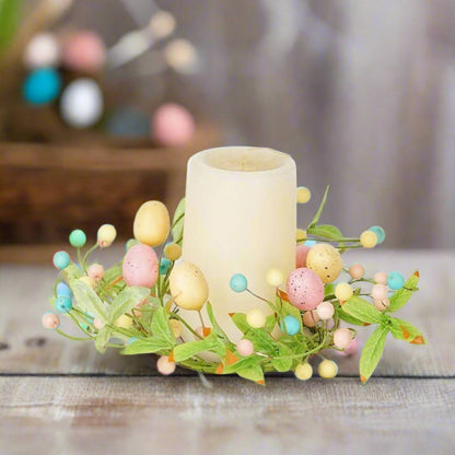 Farmhouse Spring Easter 3.5in Pastel Eggs with Willow Leaves Candle Ring