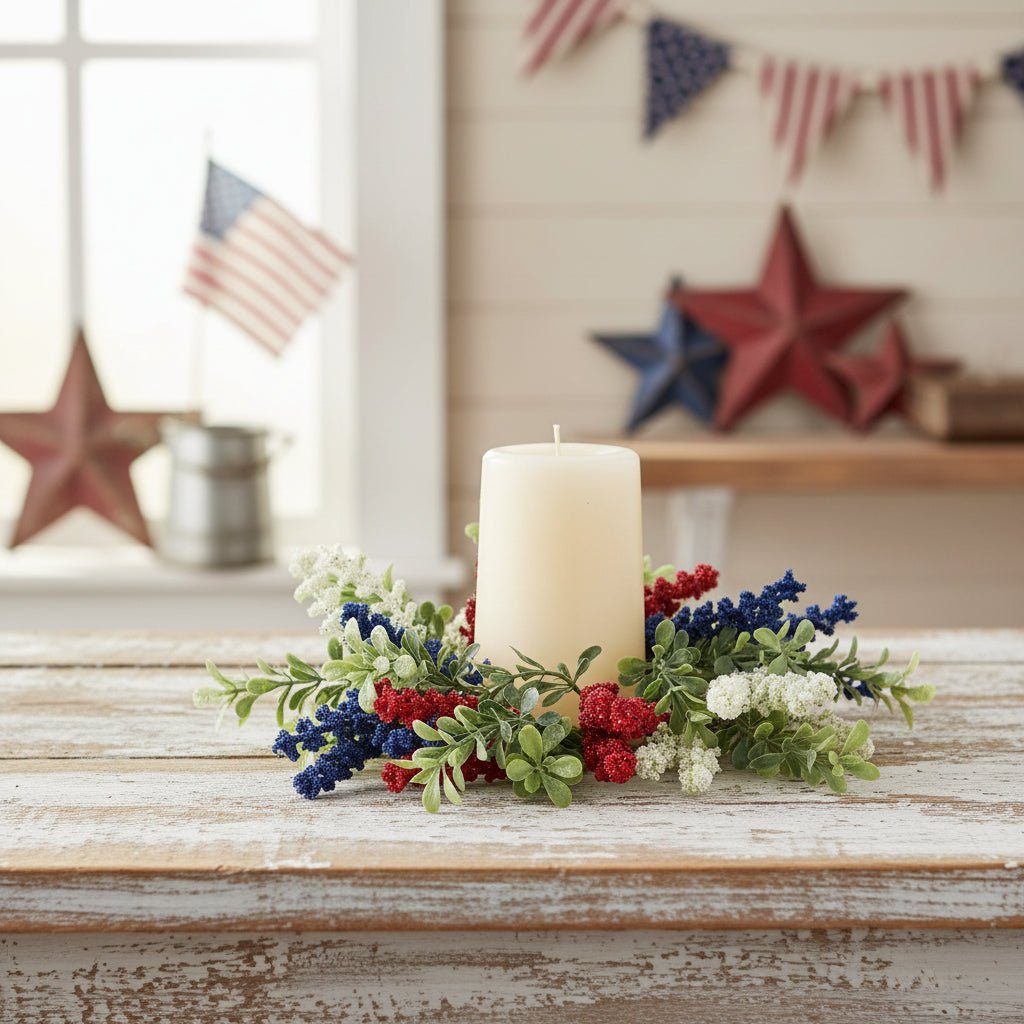 Americana Farmhouse 3.5" Red White Blue Heather with Boxwood Candle Ring - The Primitive Pineapple Collection
