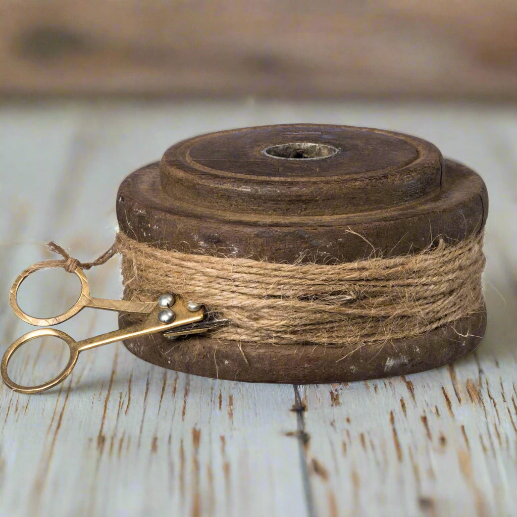 Vintage Rustic Primitive Wooden Industrial Textile Spools  with Jute 2 sizes