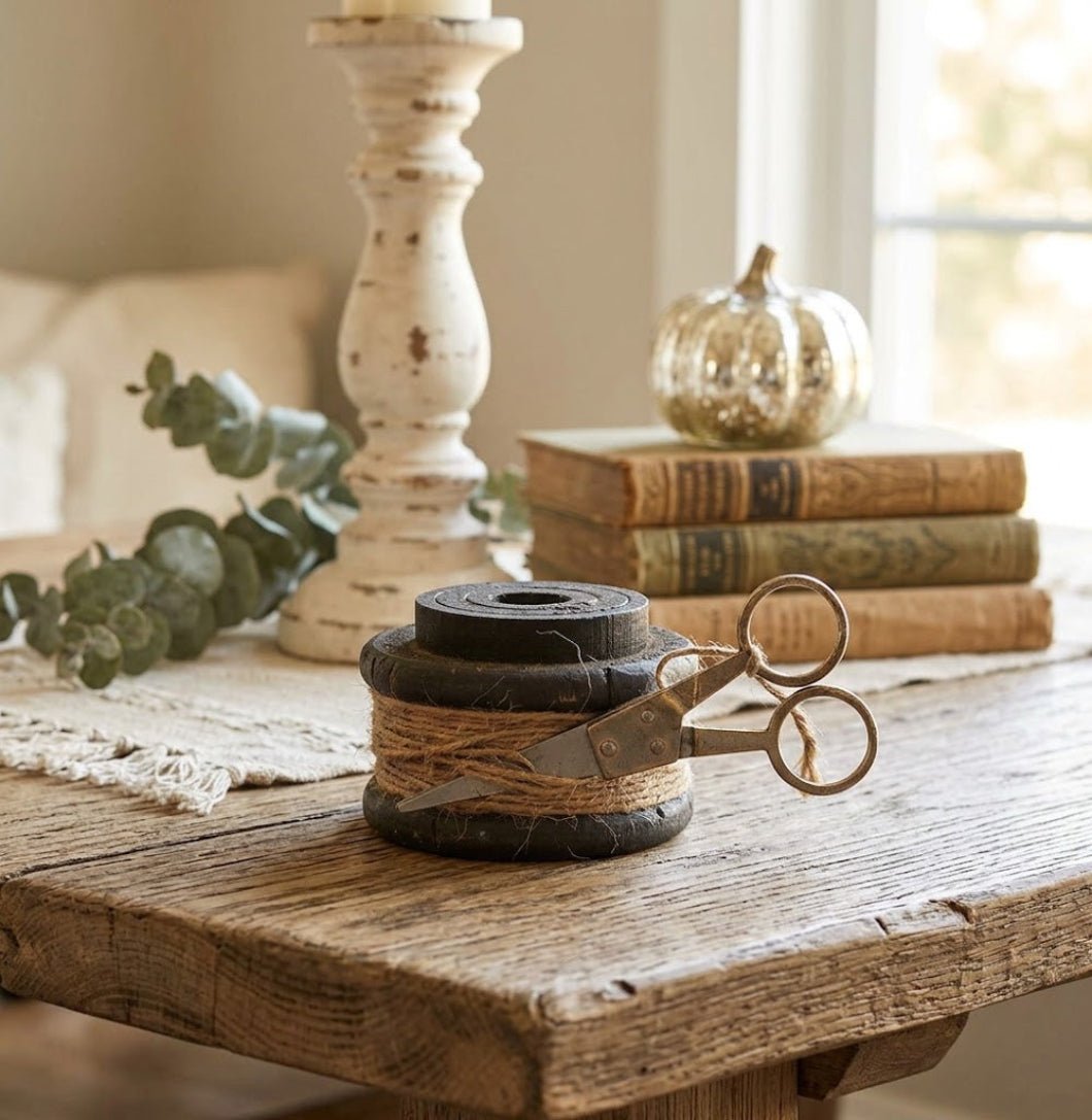 Vintage Rustic Primitive Wooden Industrial Textile Spools with Jute 2 sizes - The Primitive Pineapple Collection