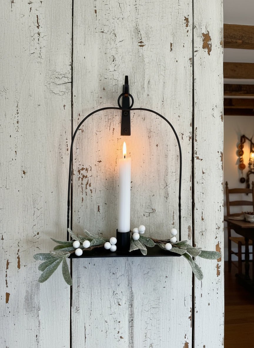 Primitive Early American Colonial Black Metal Hanging Taper Candle Holder 10.5&quot; - The Primitive Pineapple Collection