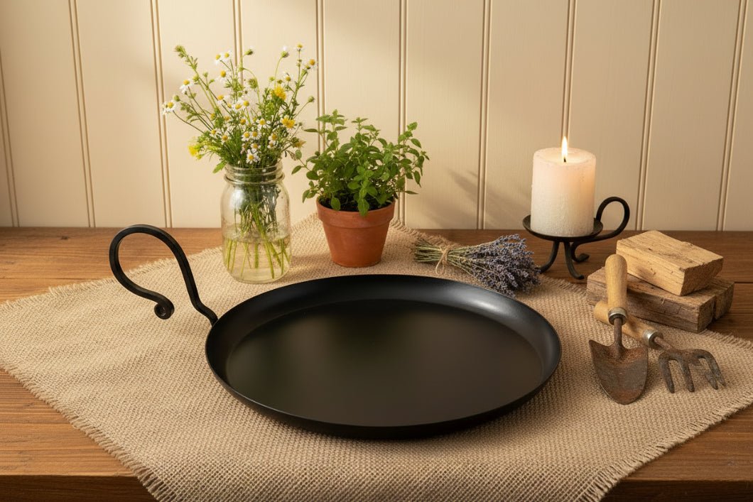 Primitive Country Rustic Black Metal Candle Pan With Handle 8.75" - The Primitive Pineapple Collection