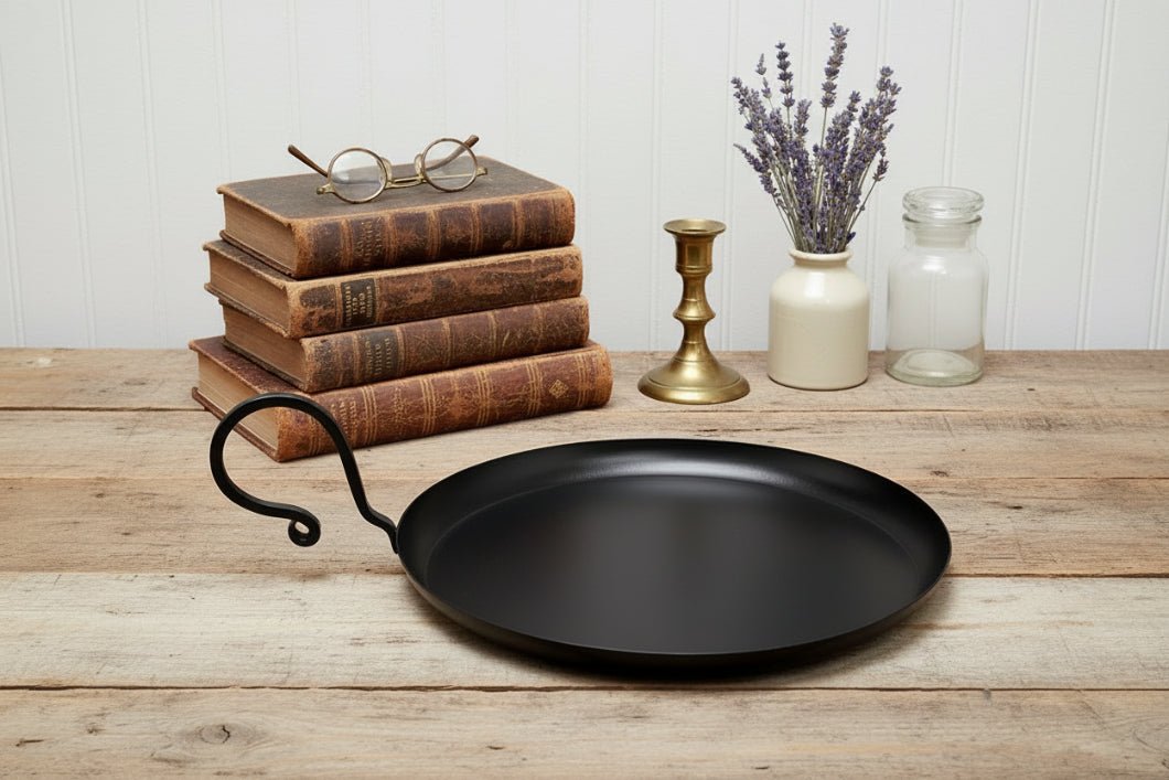 Primitive Country Rustic Black Metal Candle Pan With Handle 8.75" - The Primitive Pineapple Collection