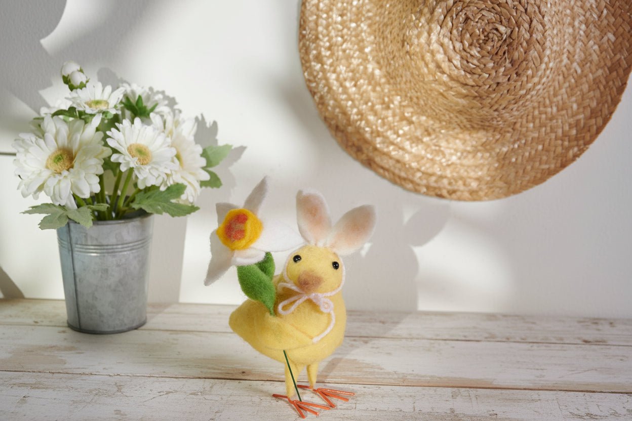 Farmhouse Spring Easter Bunny Ear Chick Figurine - The Primitive Pineapple Collection