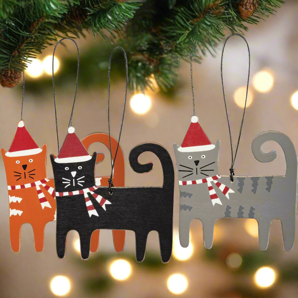 Christmas Vintage Look 3 pc Christmas Cats Ornament Set