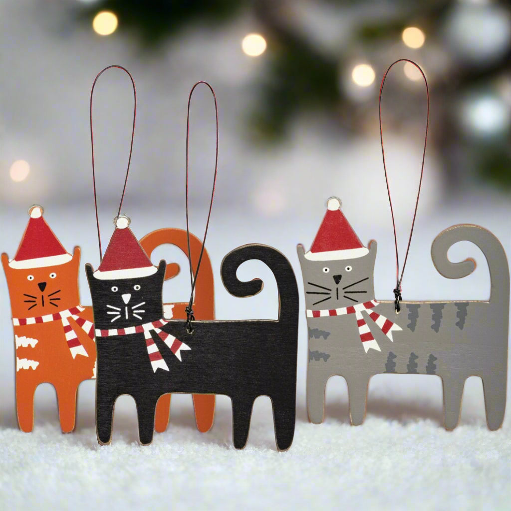 Christmas Vintage Look 3 pc Christmas Cats Ornament Set