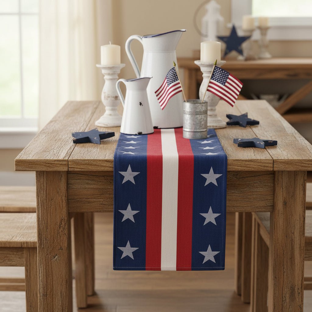 Primitive Vintage Look Americana Red White and Blue Table Runner 60"