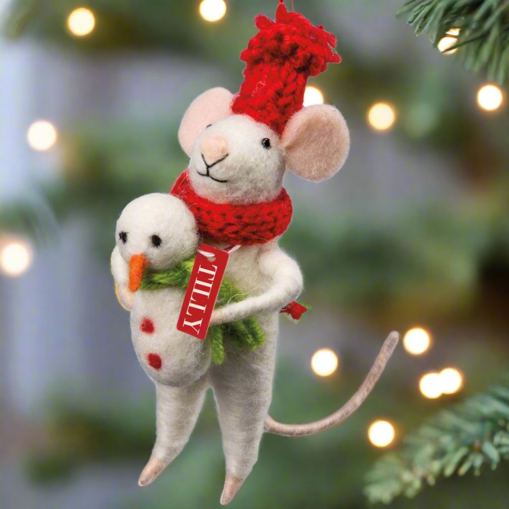 Primitive Christmas Felt Tilly Mouse w/ Snowman Ornament