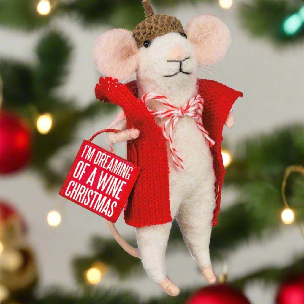 Primitive Country Christmas Felt Mouse Dreaming of Wine Mouse Ornament - The Primitive Pineapple Collection