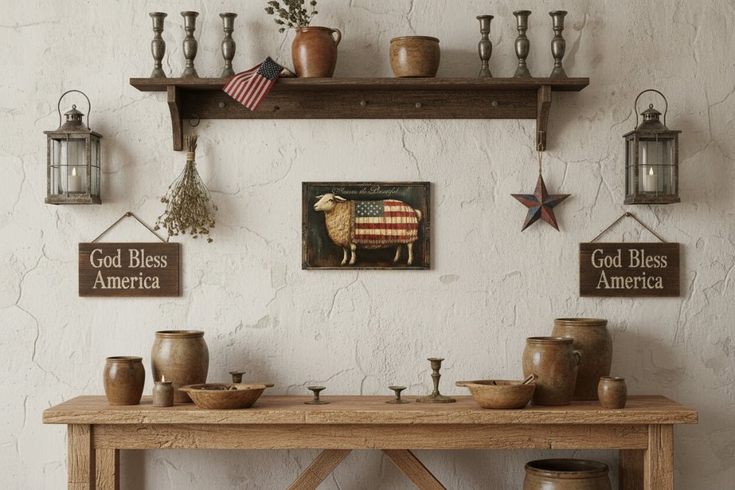 Americana Sheep Metal Sign America The Beautiful Wall Decor 12x8 - The Primitive Pineapple Collection