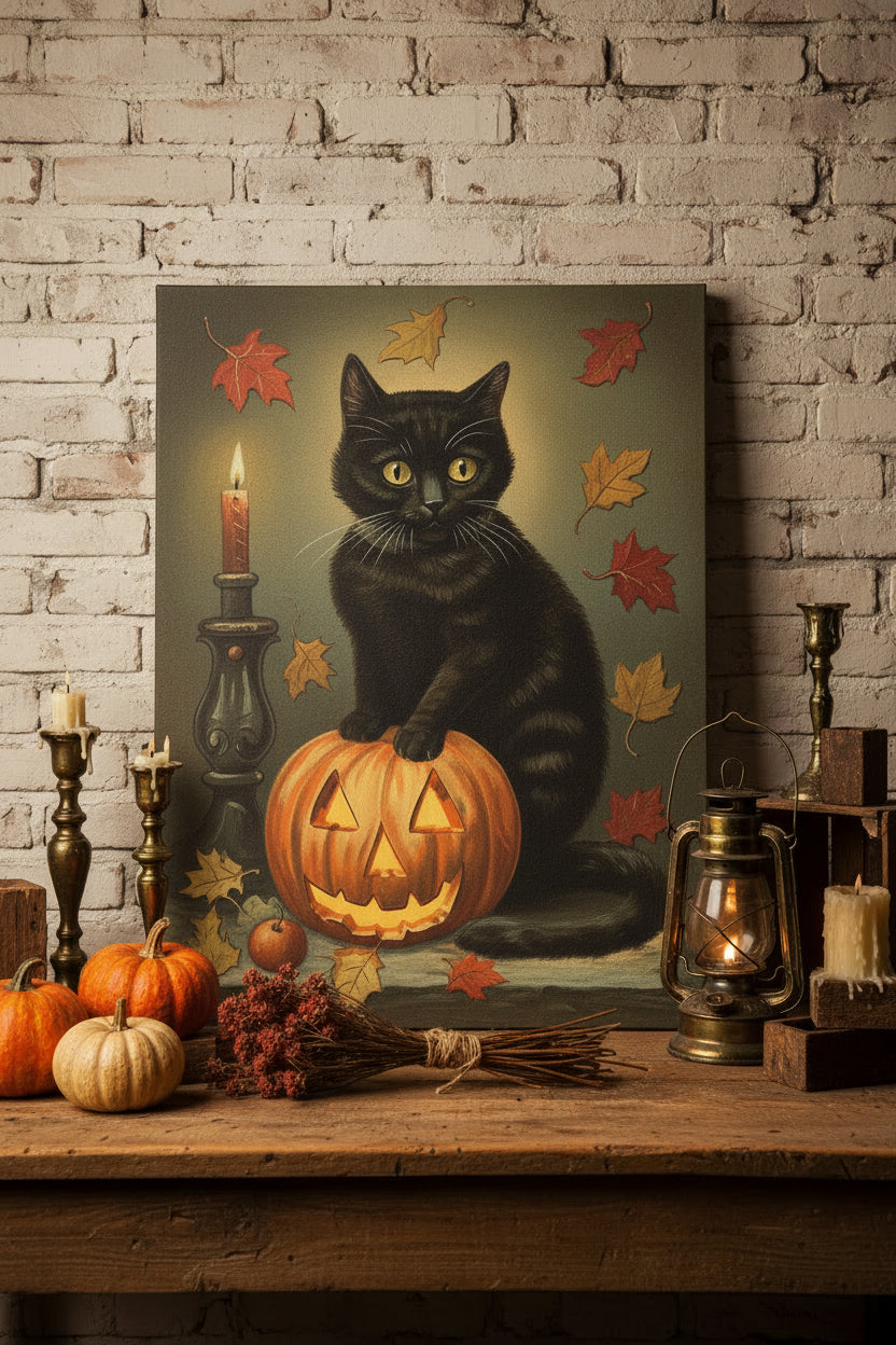 Primitive Halloween Black Kitty with Candle Pumpkin 12x8 Metal Sign