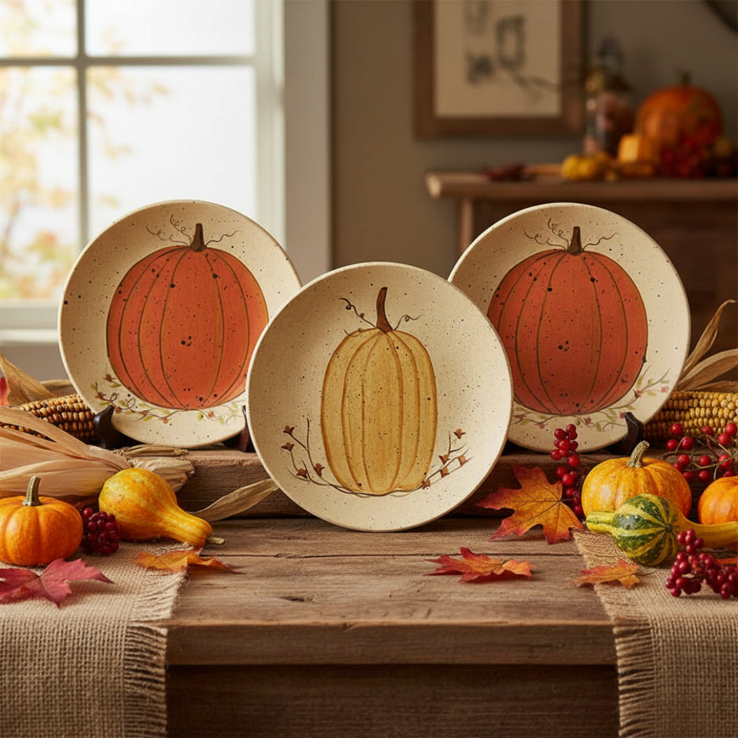 Primitive Fall Halloween White Pumpkins Plate - 3 Asst