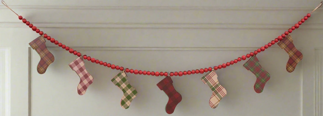 Primitive Christmas Wooden Plaid Stockings &amp; Beads Garland - The Primitive Pineapple Collection