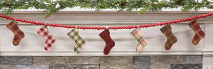Primitive Christmas Wooden Plaid Stockings &amp; Beads Garland - The Primitive Pineapple Collection
