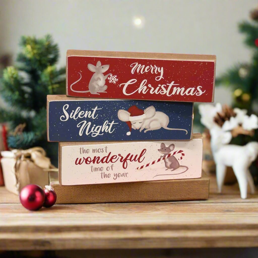 Primitive Christmas 3 pc Silent Night Mouse Skinny Block Shelf Sitter - The Primitive Pineapple Collection
