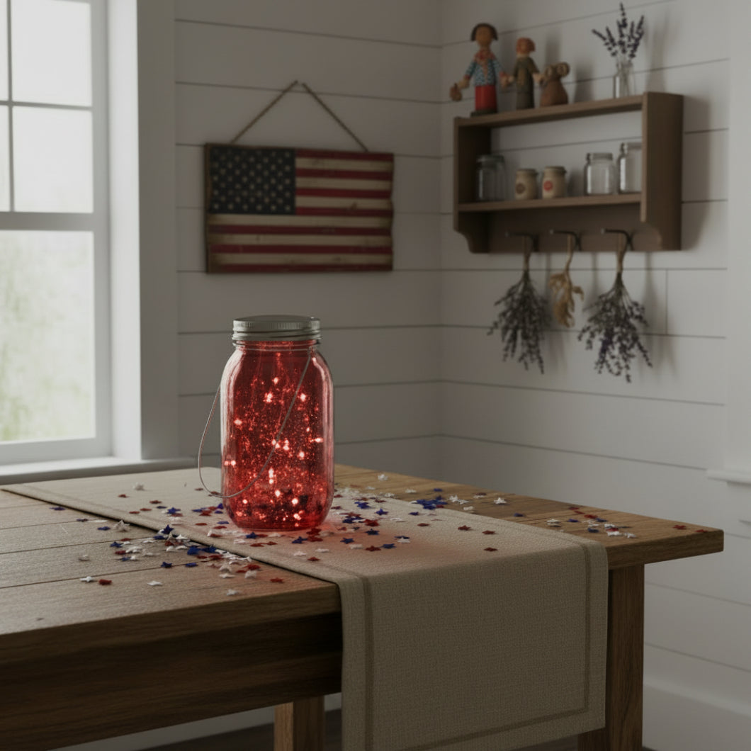Farmhouse Red Mercury Glass Fairy Lantern Jar w/ Timer - The Primitive Pineapple Collection