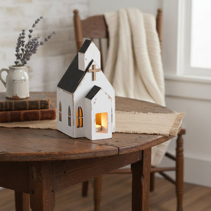 Primitive 6.75" Distressed White Wooden Church Sitter - The Primitive Pineapple Collection