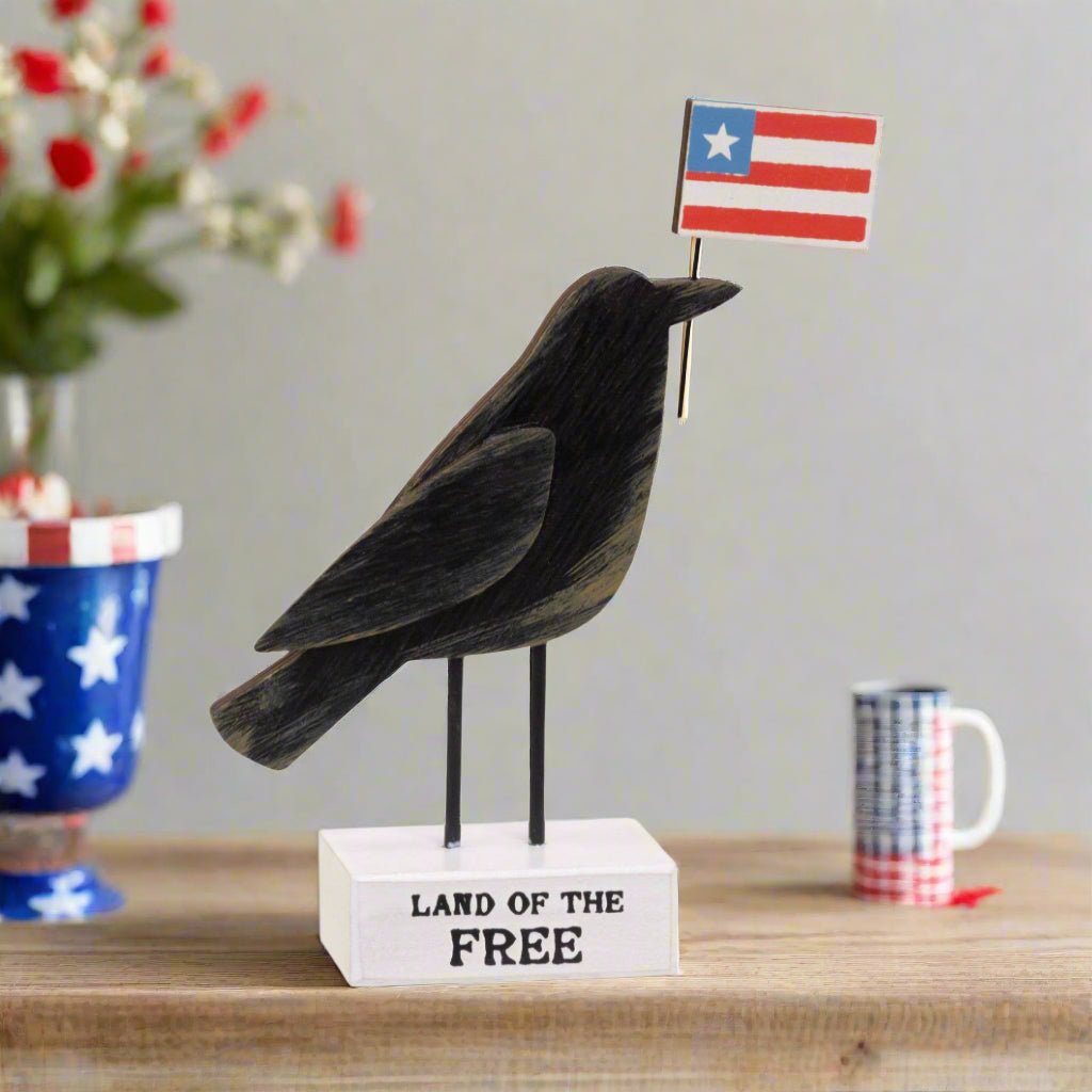 Primitive Americana Land of the Free Crow with Flag Sitter 6&quot; - The Primitive Pineapple Collection