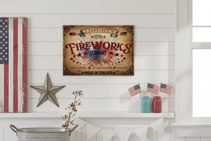 Liberty Fireworks Co. Metal Wall Decor - Handcrafted Patriotic Sign, 12x8 - The Primitive Pineapple Collection