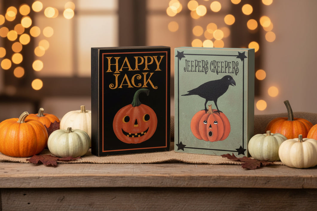 Primitive Halloween Happy Jack Vintage Look Box Sign Shelf Sitter 2 Designs