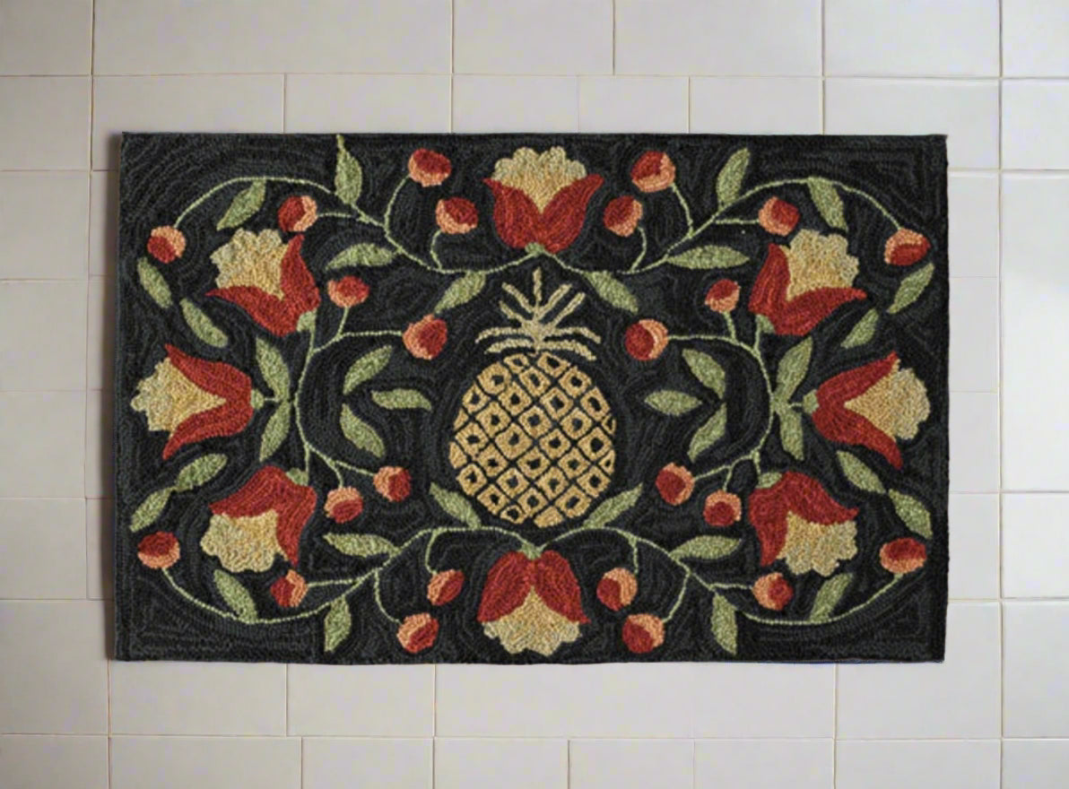 Primitive Farmhouse Pineapple Hooked Rug  2&