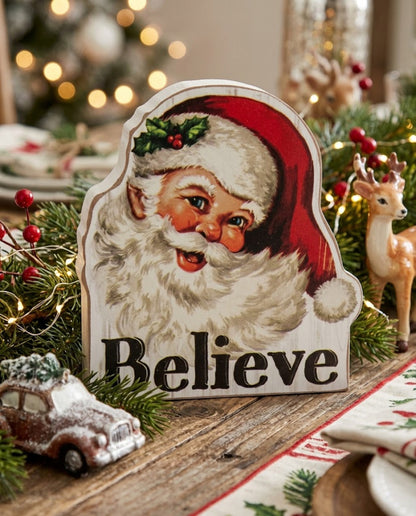 Primitive Christmas Wooden Retro Santa Believe Shelf Sitter