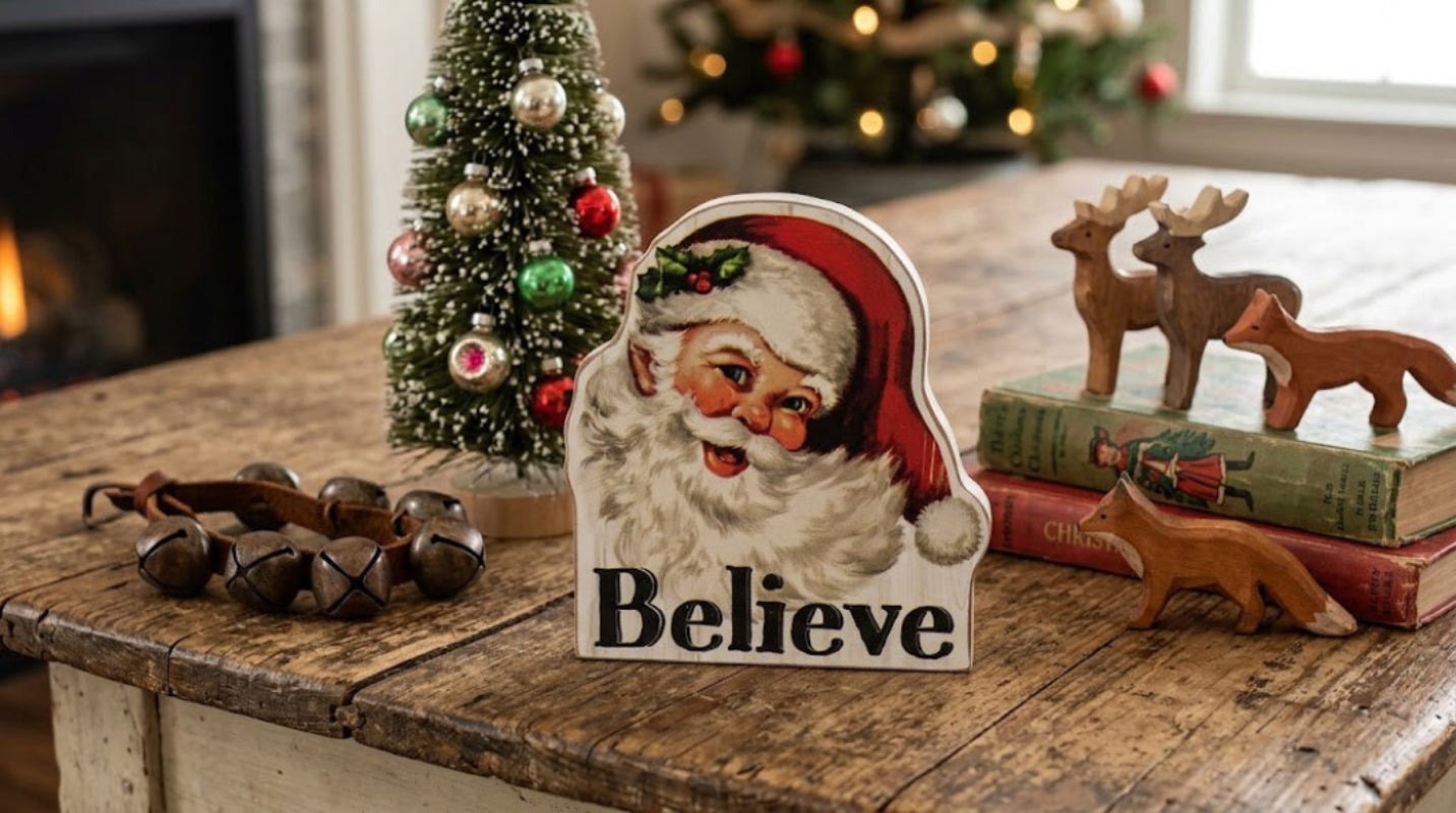 Primitive Christmas Wooden Retro Santa Believe Shelf Sitter