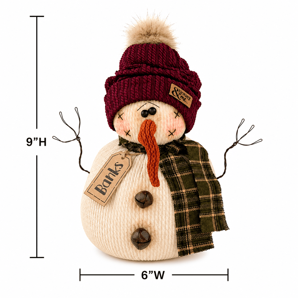 Honey and Me Banks the Snowman – 9" Primitive Christmas Shelf Sitter - The Primitive Pineapple Collection