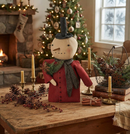 Primitive Christmas Folk art Snowman Doll Red Coat Rusty Tin Snowflake Greens - The Primitive Pineapple Collection