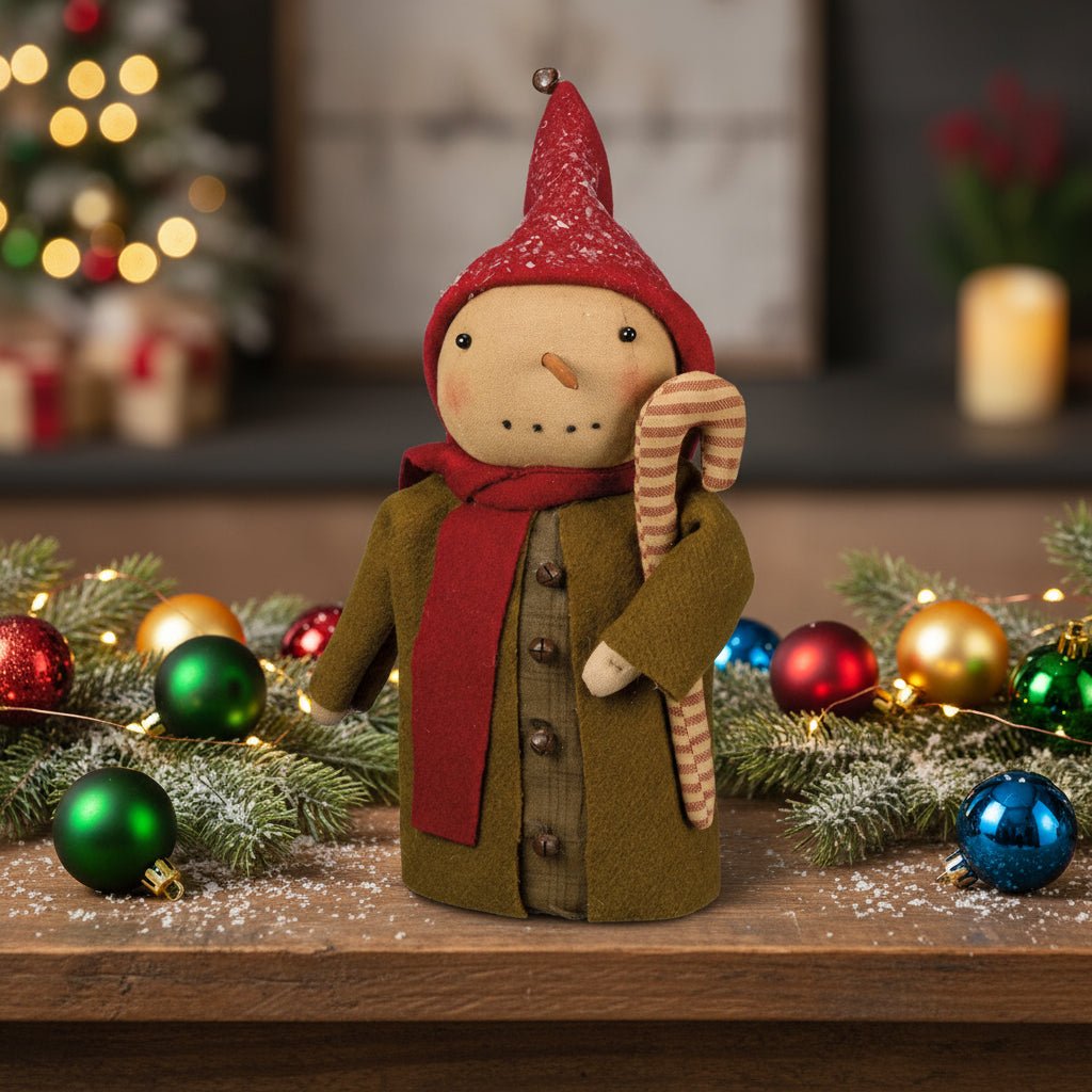 Primitive Christmas Folk art Snowman Doll Green Coat w/ Candy Cane Doll - The Primitive Pineapple Collection