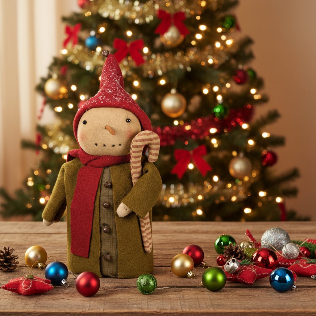 Primitive Christmas Folk art Snowman Doll Green Coat w/ Candy Cane Doll - The Primitive Pineapple Collection