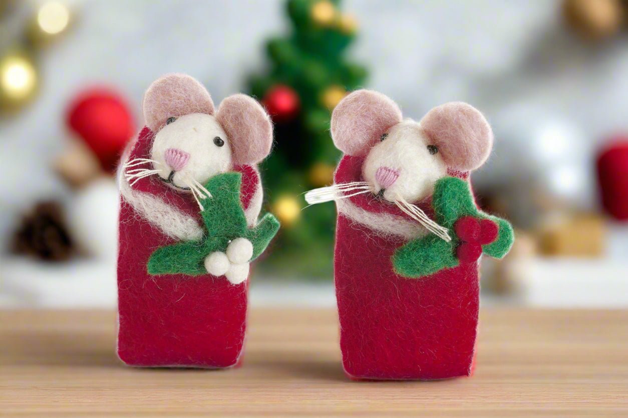 Primitive Country Handcrafted Felt Swaddling Mice with Holly &amp; Mistletoe - The Primitive Pineapple Collection