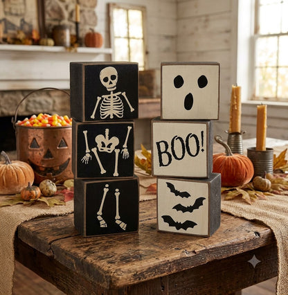 Primitive Rustic Halloween Boo &amp; Skeleton Reversible Mini Blocks Shelf Sitter