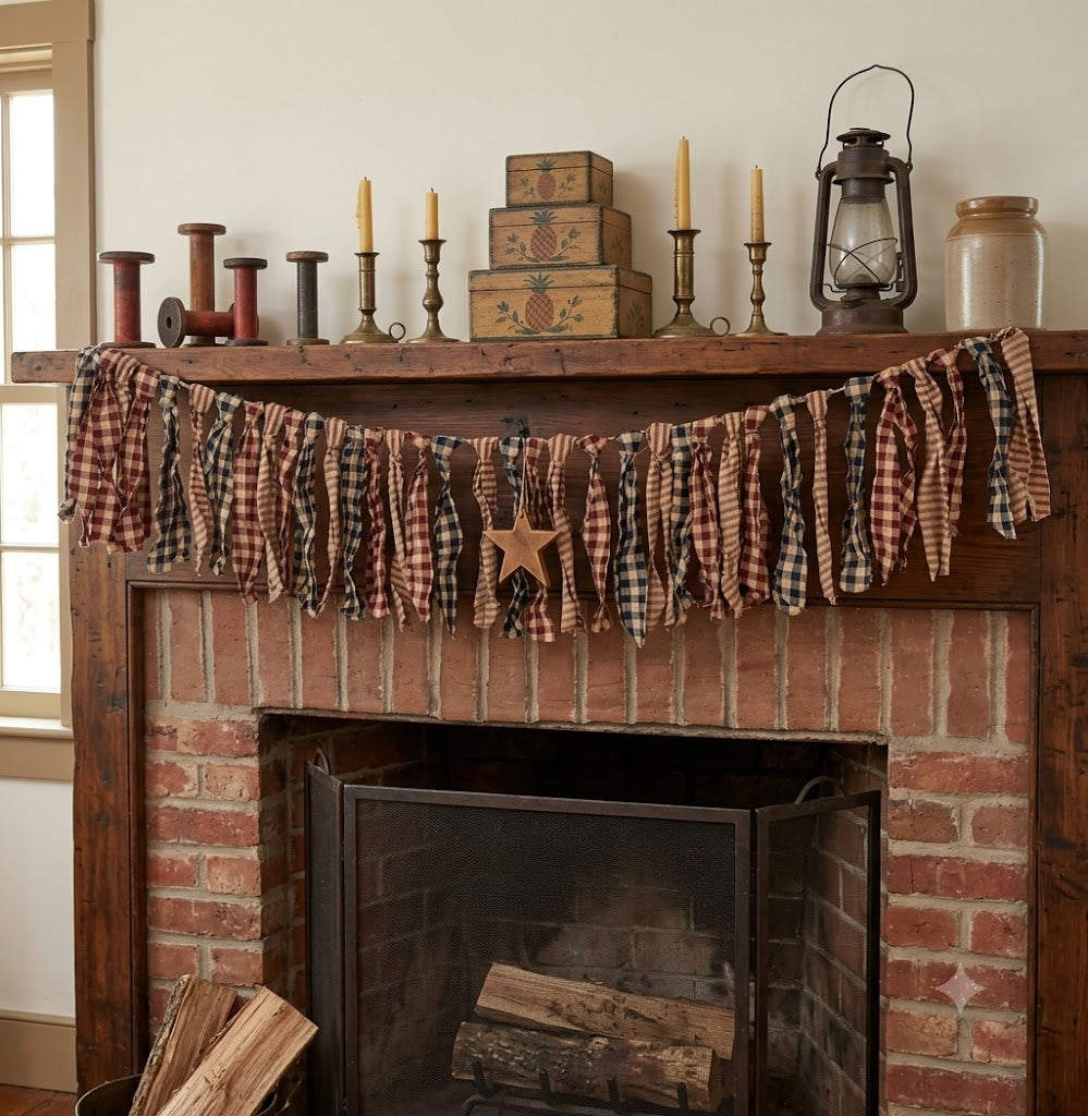 Primitive Farmhouse 4.5" Fabric Rag Tie  Garland Homestead