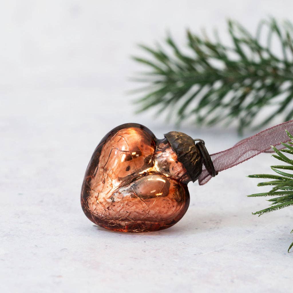 Christmas Handmade 1” Crackle Russet Heart Ornaments 6 pc Set - The Primitive Pineapple Collection