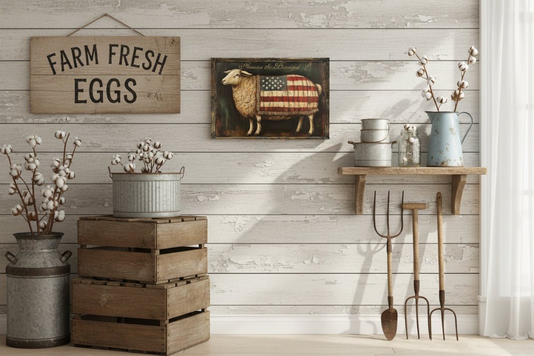 Americana Sheep Metal Sign America The Beautiful Wall Decor 12x8 - The Primitive Pineapple Collection