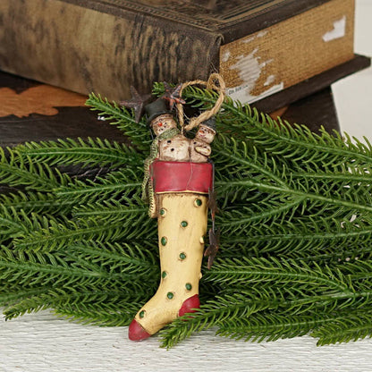Primitive Christmas Old World Stocking w/ Snowmen Ornament 4.5&quot; - The Primitive Pineapple Collection