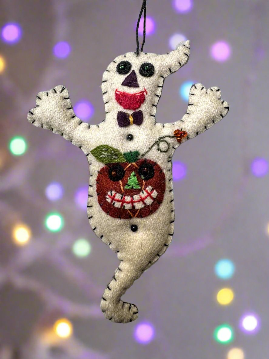 Primitive Handcrafted Halloween Felt 4.5” Ghost w/ Jack O Lantern Ornament