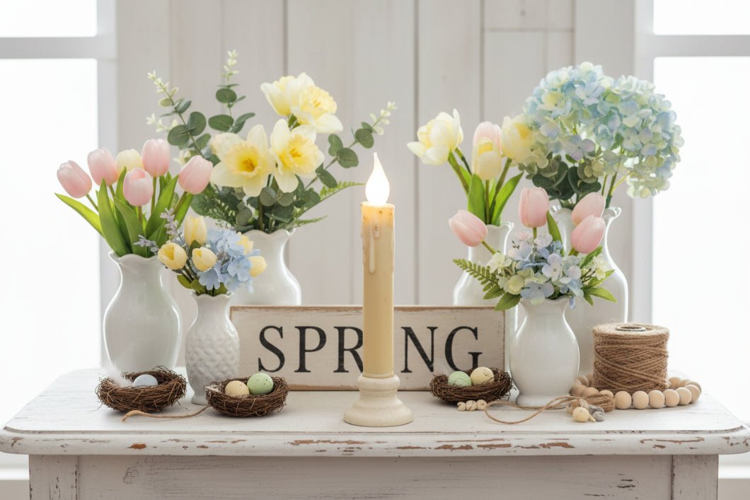 Spring Easter Handcrafted 7” Pastel Yellow Led Timer Taper Candle - The Primitive Pineapple Collection
