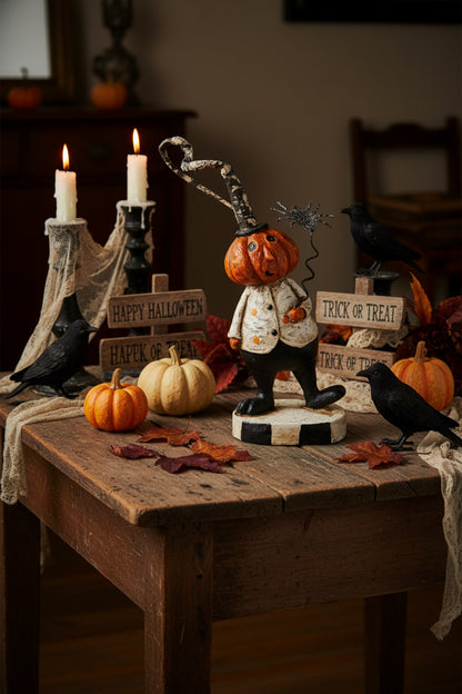 Folk Art Halloween 6" Resin Pumpkin Man Holding Black Spider Figurine