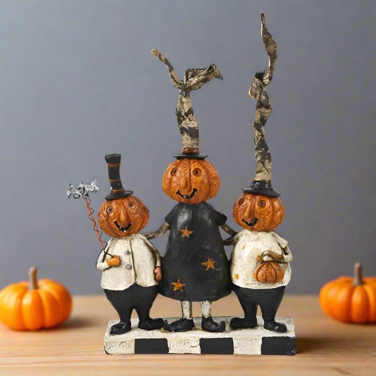 Folk Art Halloween 8 "Trick or Treat Pumpkin Head Family With Bat - The Primitive Pineapple Collection