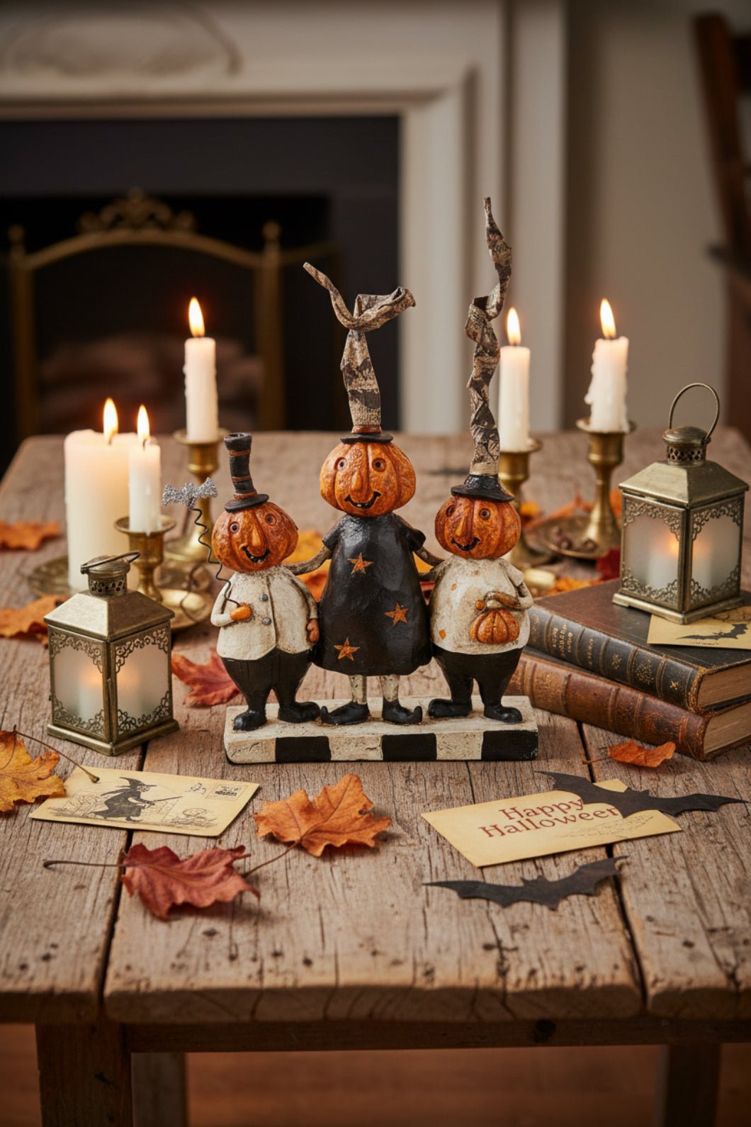 Folk Art Halloween 8 "Trick or Treat Pumpkin Head Family With Bat Figurine - The Primitive Pineapple Collection