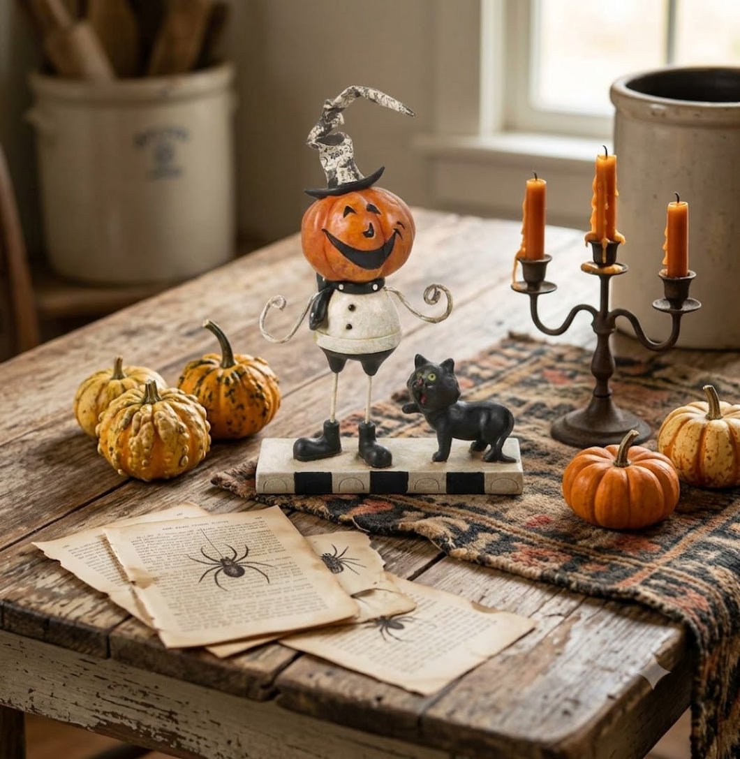 Folk Art Halloween 7.5 Inch Resin Pumpkin Man w/Black Cat - The Primitive Pineapple Collection