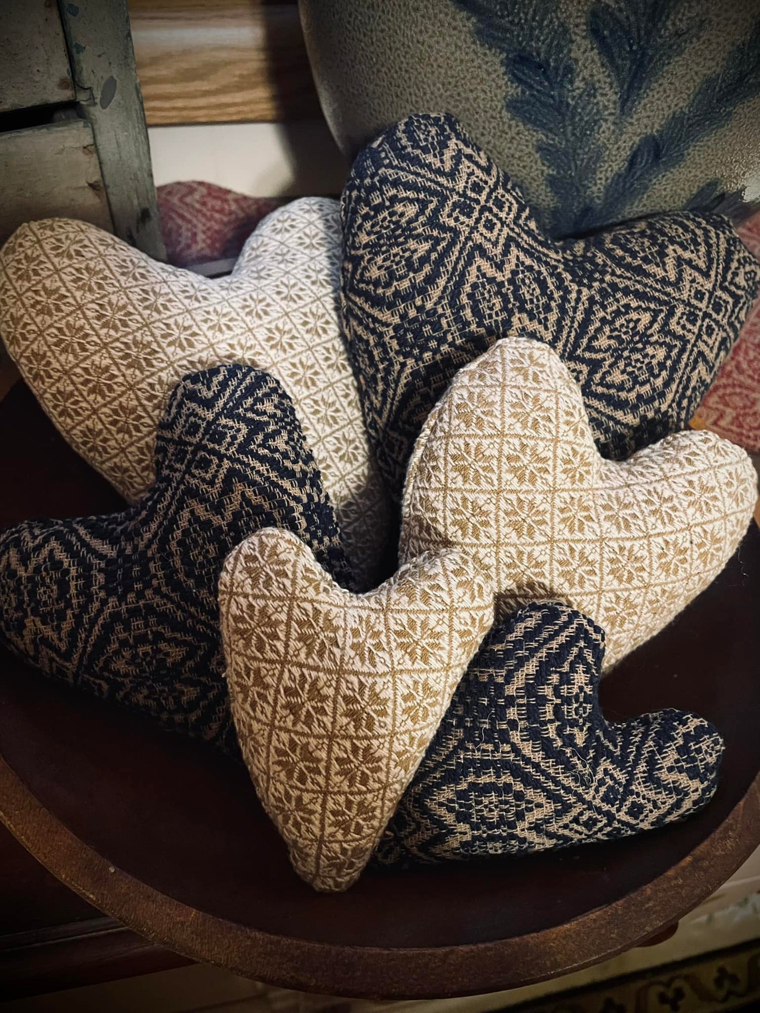 Primitives Handcrafted USA 6 pc Blue and Mustard Coverlet Hearts