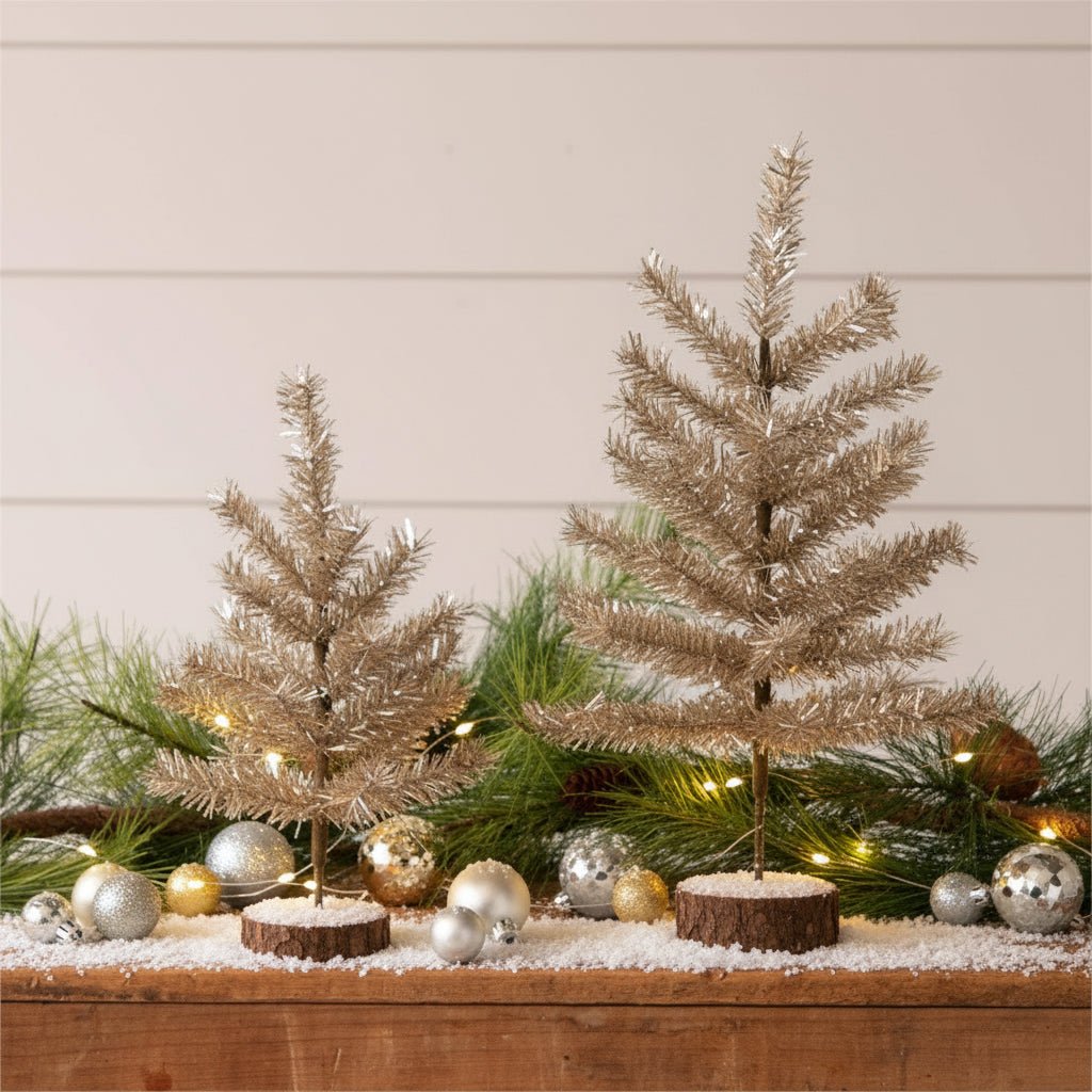 Primitive Christmas Retro Looking Tabletop Champagne Tinsel Christmas Trees 2 pc Set - The Primitive Pineapple Collection