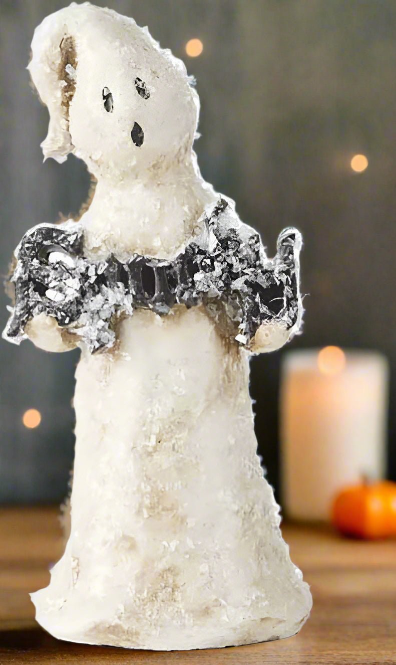 Folk Art Halloween 7.75 Inch Glitter Halloween Ghost w/ Spooky Sign - The Primitive Pineapple Collection