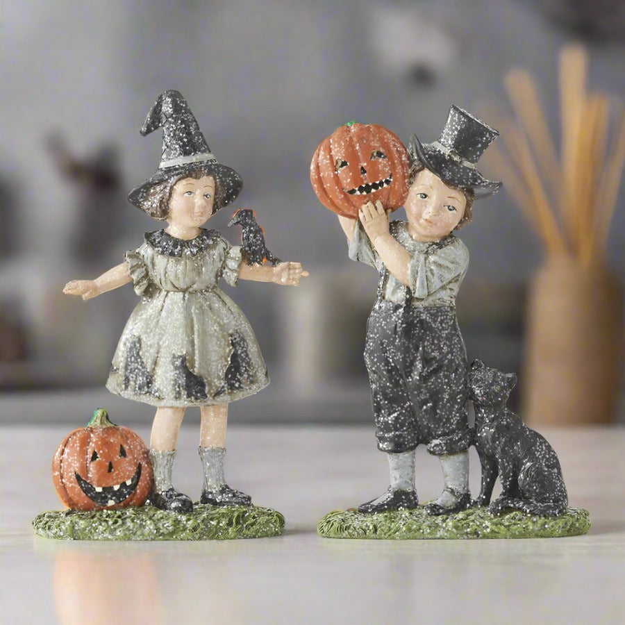 Folk Art Halloween Retro Looking Boy and Girl Trick or Treaters Figurine