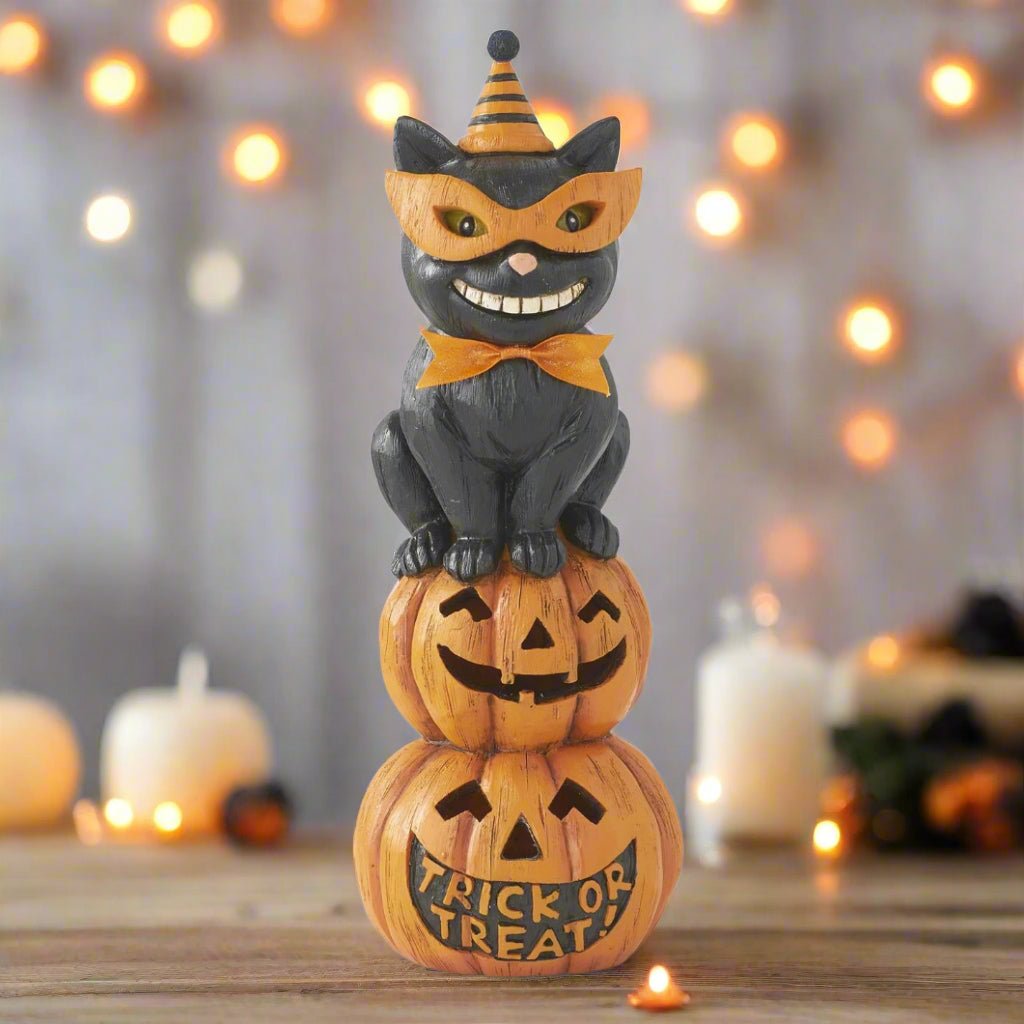 Folk Art Halloween 11 Inch Halloween Party Hat Black Cat On LED Trick or Treat Pumpkin - The Primitive Pineapple Collection