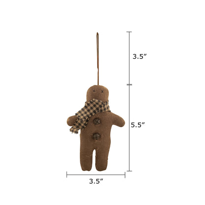 Christmas Primitive 5&quot; Fabric Gingerbread Man with Scarf Ornament Bells - The Primitive Pineapple Collection